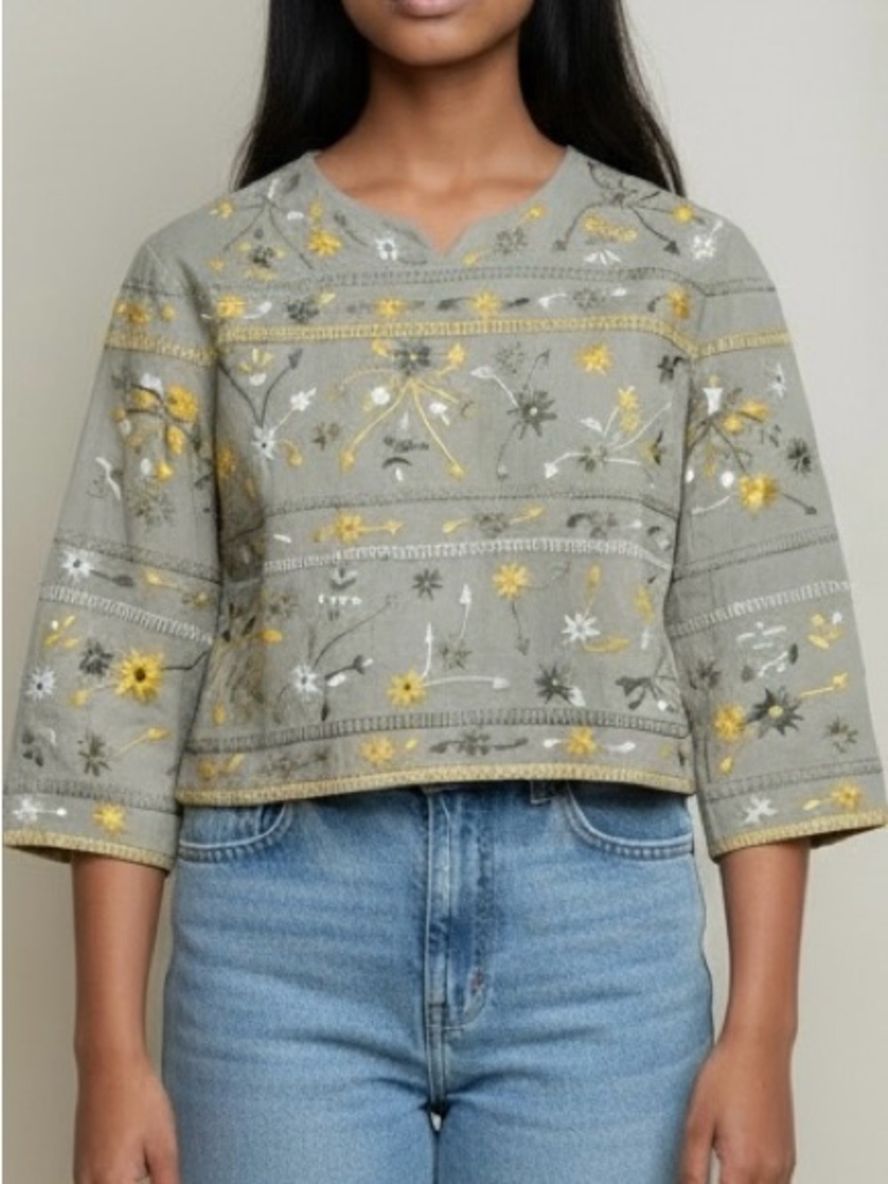 1960s Vtg Tachi Castillo Hand Embroidered 3/4 Sleeve Cotton Peasant Blouse 12